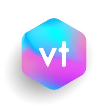 Altıgen şekilli VT logosu ve renkli arkaplan, iş ve şirket kimliği için harf kombinasyonu logosu tasarımı.