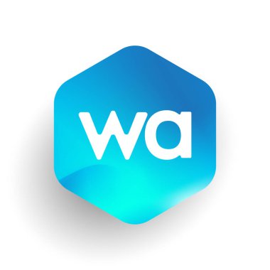 Altıgen şekilli ve renkli arkaplan içinde WA harfi logosu, iş ve şirket kimliği için harf kombinasyonu tasarımı.