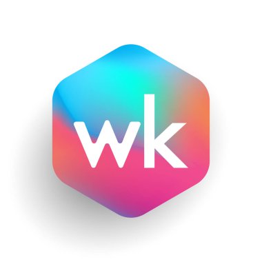 Altıgen şekilli ve renkli arkaplan içinde WK logosu, iş ve şirket kimliği için harf kombinasyon logosu tasarımı.