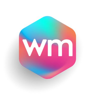 Altıgen şekilli ve renkli arkaplan içinde WM logosu, iş ve şirket kimliği için harf birleşimi logosu tasarımı.