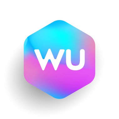 Altıgen şekilli ve renkli arkaplan şeklinde WU logosu, iş ve şirket kimliği için harf kombinasyonu tasarımı.