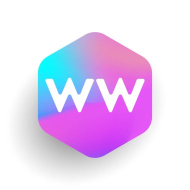 Altıgen şekilli ve renkli arkaplan içinde WW harfi logosu, iş ve şirket kimliği için harf kombinasyonu tasarımı.