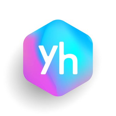 Altıgen şekilli ve renkli arkaplan içinde YH logosu, iş ve şirket kimliği için harf kombinasyonu tasarımı.