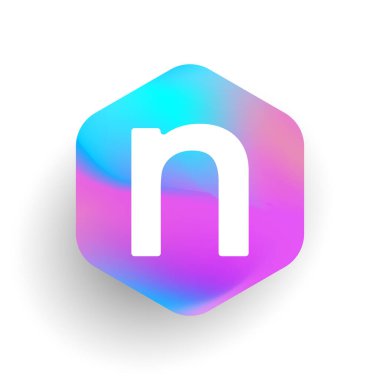 Altıgen şekilli ve renkli arkaplan içinde N harfi logosu, iş ve şirket kimliği için harf kombinasyonu tasarımı.