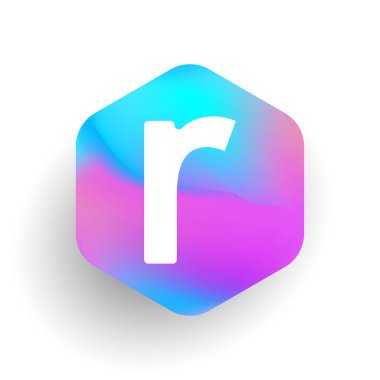 Altıgen şekilli ve renkli arkaplan içinde R harfi logosu, iş ve şirket kimliği için harf kombinasyonu tasarımı.