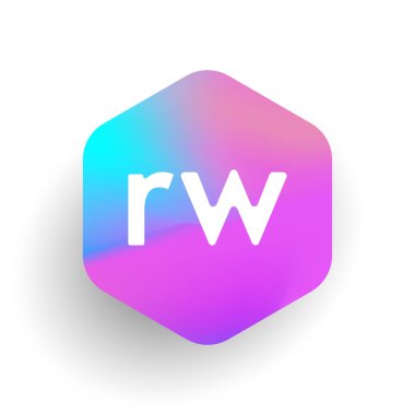 Altıgen şekilli ve renkli arkaplan içinde RW harfi logosu, iş ve şirket kimliği için harf kombinasyonu tasarımı.