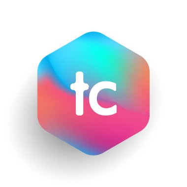 Altıgen şekilli ve renkli arkaplan içinde TC harfi logosu, iş ve şirket kimliği için harf kombinasyonu tasarımı.