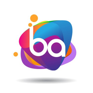 Renkli sıçrama geçmişi olan BA harfi logosu, yaratıcı endüstri, web, iş ve şirket için harf kombinasyonu tasarımı.