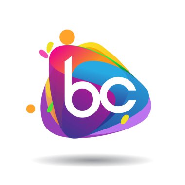 Renkli sıçrama arkaplanı olan BC harfli logo, yaratıcı endüstri, web, iş ve şirket için harf kombinasyonu tasarımı.