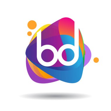 Renkli sıçrama geçmişi olan BD harfi logosu, yaratıcı endüstri, web, iş ve şirket için harf kombinasyonu tasarımı.