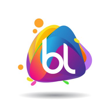 Renkli sıçrama arkaplanı olan BL logosu, yaratıcı endüstri, web, iş ve şirket için harf kombinasyonu tasarımı.