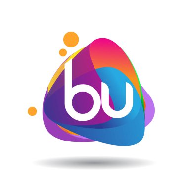 Renkli sıçrama arkaplanı olan BU logosu, yaratıcı endüstri, web, iş ve şirket için harf kombinasyonu tasarımı.