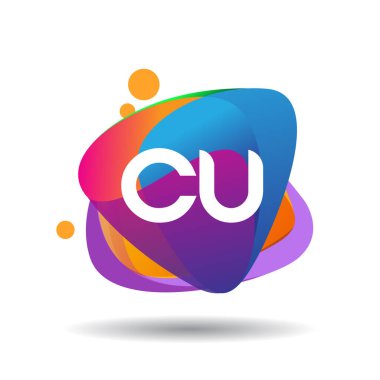 Renkli sıçrama geçmişi olan CU logosu, yaratıcı endüstri, web, iş ve şirket için harf kombinasyonu tasarımı.