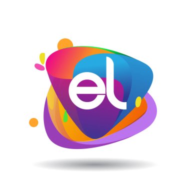 Renkli sıçrama arkaplanı olan EL harfi logosu, yaratıcı endüstri, web, iş ve şirket için harf kombinasyonu tasarımı.
