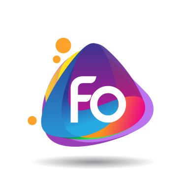 Renkli sıçrama geçmişi olan harf FO logosu, yaratıcı endüstri, web, iş ve şirket için harf kombinasyonu tasarımı.