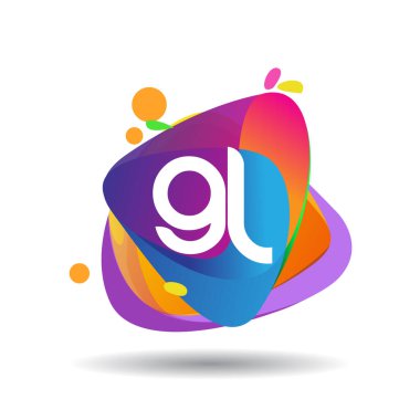 Renkli sıçrama arkaplanı olan GL logosu, yaratıcı endüstri, web, iş ve şirket için harf kombinasyonu tasarımı.