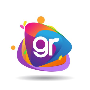 Renkli sıçrama arkaplanı olan GR logosu, yaratıcı endüstri, web, iş ve şirket için harf kombinasyonu tasarımı.