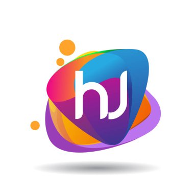 Renkli sıçrama arkaplanı olan HJ harfi logosu, yaratıcı endüstri, web, iş ve şirket için harf kombinasyonu tasarımı.
