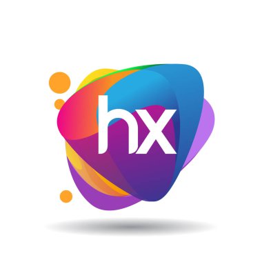 Renkli sıçrama arkaplanı olan HX harfi logosu, yaratıcı endüstri, web, iş ve şirket için harf kombinasyonu tasarımı.