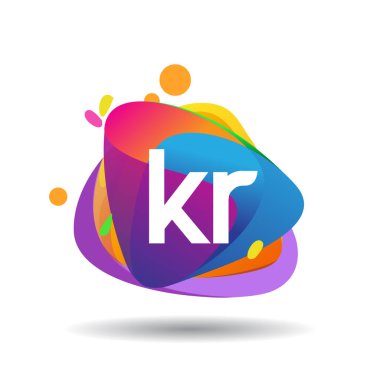 Renkli sıçrama arkaplanı olan KR logosu, yaratıcı endüstri, web, iş ve şirket için harf kombinasyonu tasarımı.