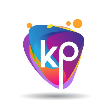 Renkli sıçrama arkaplanı olan KP logosu, yaratıcı endüstri, web, iş ve şirket için harf kombinasyonu tasarımı.