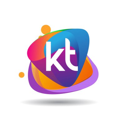 Renkli sıçrama arkaplanı olan KT logosu, yaratıcı endüstri, web, iş ve şirket için harf kombinasyonu tasarımı.