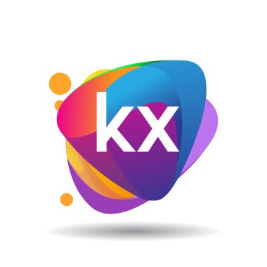 Renkli sıçrama arkaplanlı KX logosu, yaratıcı endüstri, web, iş ve şirket için harf kombinasyonu tasarımı.