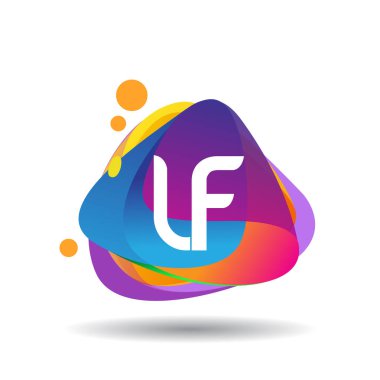 Renkli sıçrama arkaplanı olan LF logosu, yaratıcı endüstri, web, iş ve şirket için harf kombinasyonu tasarımı.