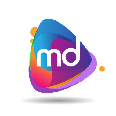 Renkli sıçrama arkaplanlı MD logosu, yaratıcı endüstri, web, iş ve şirket için harf kombinasyonu tasarımı.