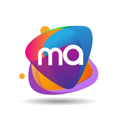 Renkli sıçrama geçmişi olan MA harfi logosu, yaratıcı endüstri, web, iş ve şirket için harf kombinasyonu tasarımı.