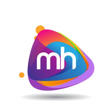 Renkli sıçrama arkaplanı olan MH logosu, yaratıcı endüstri, web, iş ve şirket için harf kombinasyonu tasarımı.