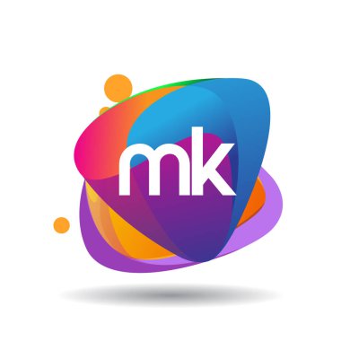 Renkli sıçrama arkaplanlı MK logosu, yaratıcı endüstri, web, iş ve şirket için harf kombinasyonu tasarımı.