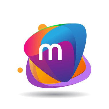 Renkli sıçrama geçmişi olan MU logosu, yaratıcı endüstri, web, iş ve şirket için harf kombinasyonu tasarımı.