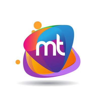Renkli sıçrama arkaplanı olan MT logosu, yaratıcı endüstri, web, iş ve şirket için harf kombinasyonu tasarımı.