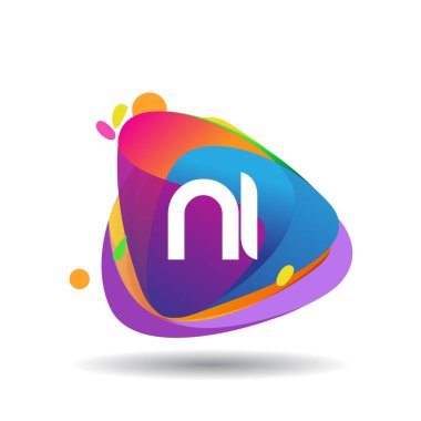 Renkli sıçrama arkaplanı olan NI harfi logosu, yaratıcı endüstri, web, iş ve şirket için harf kombinasyonu tasarımı.