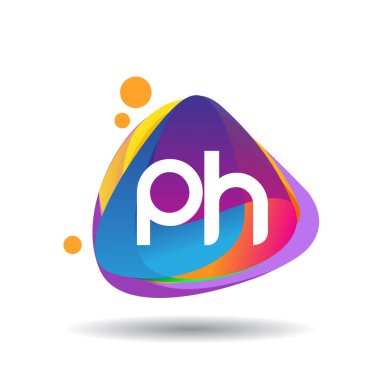 Renkli sıçrama arkaplanı olan PH logosu, yaratıcı endüstri, web, iş ve şirket için harf kombinasyonu tasarımı.