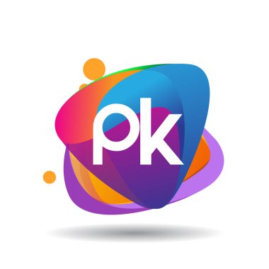 Renkli sıçrama arkaplanı olan PK logosu, yaratıcı endüstri, web, iş ve şirket için harf kombinasyonu tasarımı.