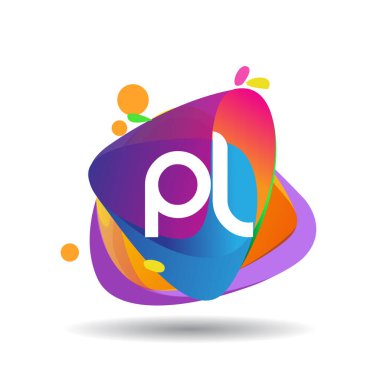 Renkli sıçrama arkaplanı olan PL logosu, yaratıcı endüstri, web, iş ve şirket için harf kombinasyonu tasarımı.