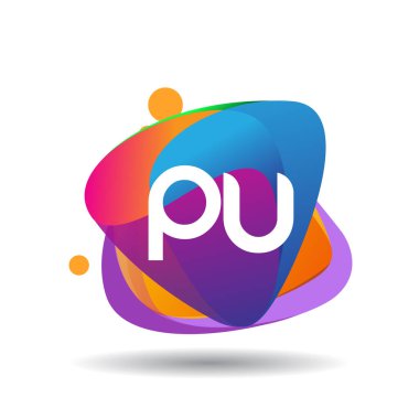 Renkli sıçrama geçmişi olan PU logosu, yaratıcı endüstri, web, iş ve şirket için harf kombinasyonu tasarımı.