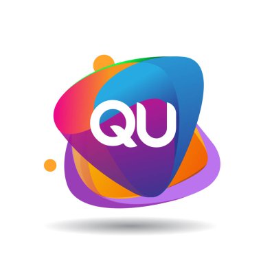 Renkli sıçrama geçmişi olan QU logosu, yaratıcı endüstri, web, iş ve şirket için harf kombinasyonu tasarımı.