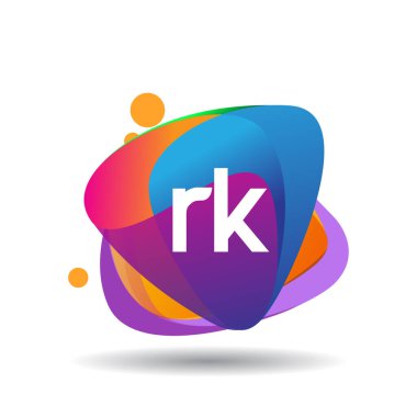 Renkli sıçrama geçmişi olan harf RK logosu, yaratıcı endüstri, web, iş ve şirket için harf kombinasyonu tasarımı.