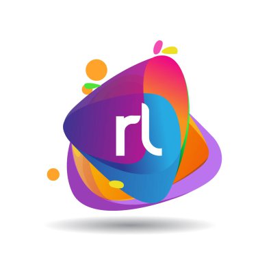 Renkli sıçrama arkaplanı olan harf RL logosu, yaratıcı endüstri, web, iş ve şirket için harf kombinasyonu tasarımı.