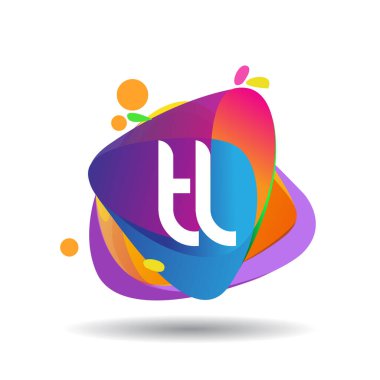 Renkli sıçrama arkaplanı olan harf TL logosu, yaratıcı endüstri, web, iş ve şirket için harf kombinasyonu tasarımı.