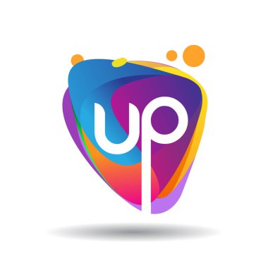 Renkli sıçrama arkaplanı olan UP harfi logosu, yaratıcı endüstri, web, iş ve şirket için harf kombinasyonu tasarımı.