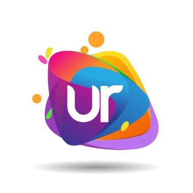 Renkli sıçrama arkaplanı olan UR logosu, yaratıcı endüstri, web, iş ve şirket için harf kombinasyonu tasarımı.