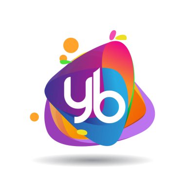 Renkli sıçrama arkaplanı olan YB logosu, yaratıcı endüstri, web, iş ve şirket için harf kombinasyonu tasarımı.