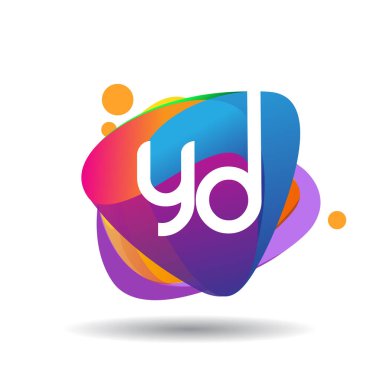 Renkli sıçrama arkaplanı olan YD logosu, yaratıcı endüstri, web, iş ve şirket için harf kombinasyonu tasarımı.