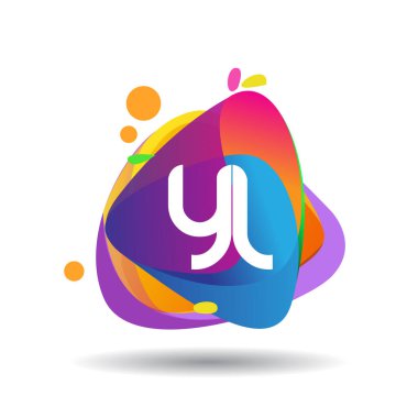 Renkli sıçrama arkaplanı olan YL logosu, yaratıcı endüstri, web, iş ve şirket için harf kombinasyonu tasarımı.