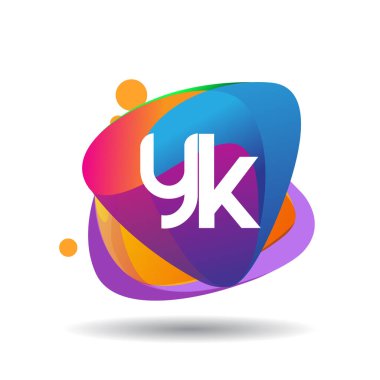 Renkli sıçrama geçmişi olan YK logosu, yaratıcı endüstri, web, iş ve şirket için harf kombinasyonu tasarımı.