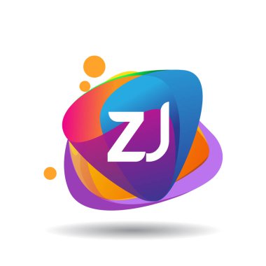 Renkli sıçrama arkaplanı olan ZJ logosu, yaratıcı endüstri, web, iş ve şirket için harf kombinasyonu tasarımı.